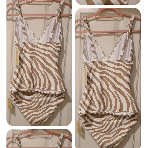 2 PC MICHAEL KORS MK WHITE TAN ZEBRA ANIMAL PRINT LOGO TANKINI BIKINI NWT - Picture 2 of 15
